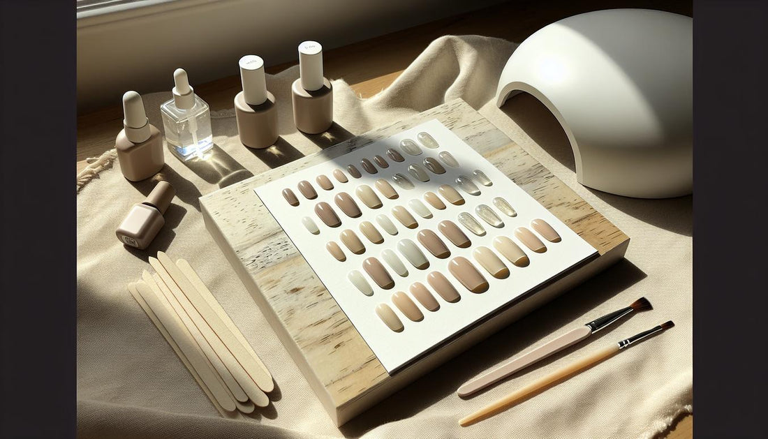 Flatlay einer minimalistischen Maniküre-Station mit vorgeformten Nageltips (Almond, Coffin, Stiletto, Oval, Squoval), UV-Lampe, Gels, Pinsel und Farb­fächer in Nude/Rot/Chrome auf hellem Holz — Nagelformen 2025