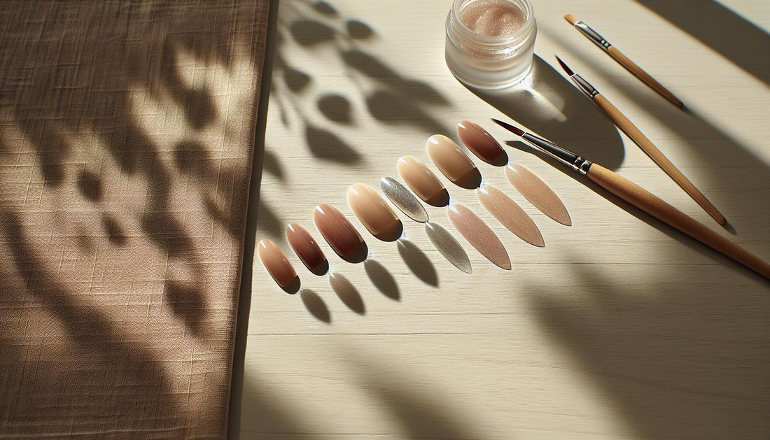 Fünf vorgeformte Nageltips (Mandel, Squoval, Ballerina, Stiletto, Oval) auf hellem Holz mit Nude‑ und Rosé‑Finishes und Chrome‑Akzent, Nagelformen 2025