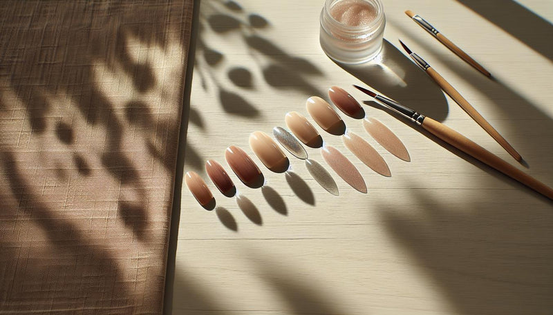 Fünf vorgeformte Nageltips (Mandel, Squoval, Ballerina, Stiletto, Oval) auf hellem Holz mit Nude‑ und Rosé‑Finishes und Chrome‑Akzent, Nagelformen 2025