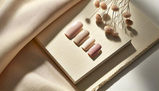 Makroaufnahme dreier künstlicher Nagelspitzen (Soft Square, Short Almond, Squoval) in Nude- und Rosé-Tönen auf hellem Birkenholz, Nagelformen für kurze Finger