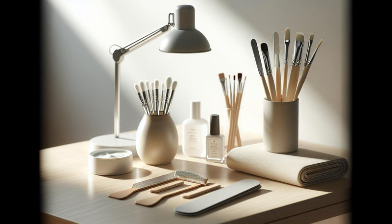 Aufgeräumter Maniküretisch mit geordneten Instrumenten, offenem Gel-Starter-Kit, LED-Lampe, natürlichen Texturen und dezenten rosa Akzenten – Nagelgesundheit