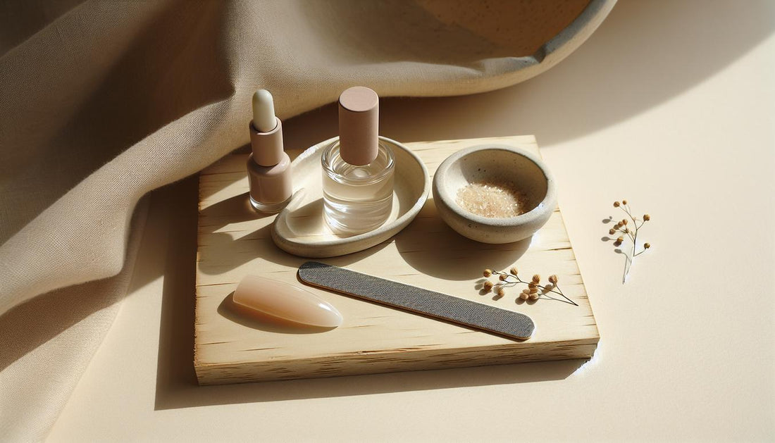 Minimalistische Nahaufnahme für nagelgesundheit: Acryl-Nageldisplay mit natürlicher Nagelspitze, Nagelölfläschchen, Feile und offenem Gel‑Kit auf hellem Birkenholz.