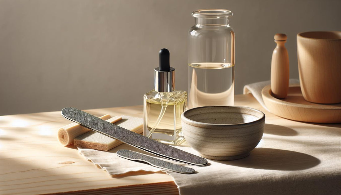 Helle Holzoberfläche mit Feile, Glas-Nagelöl, Keramikschälchen Olivenöl und unlackierter Glasflasche (Base/Top), weiches Tageslicht — nagelhärter entfernen