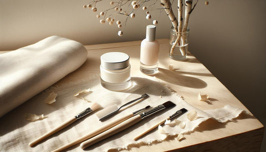 Minimalistische Nahaufnahme eines geöffneten Nagelpflege-Kits mit Übungsnagel und Nagelhärter-Fläschchen auf hellem Birkenholz, dezente pinke Akzente.