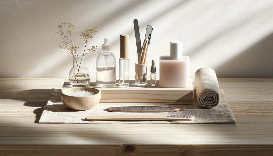 Minimalistisches Nagelpflege-Arrangement auf hellem Birkenholz mit Nagelhärter-Fläschchen, Feile und geschlossener Starter-kit-Box, zarte Pink-Akzente