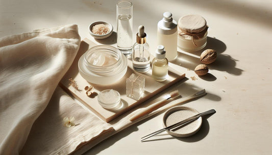 Minimalistische Nahaufnahme eines ordentlichen Pflegesets mit unlackierten Fläschchen, Glastiegel mit Pinzetten, weichem Handtuch, Jojoba-Nüssen und Hyaluron-Gel-Scheibe, nagelhärter