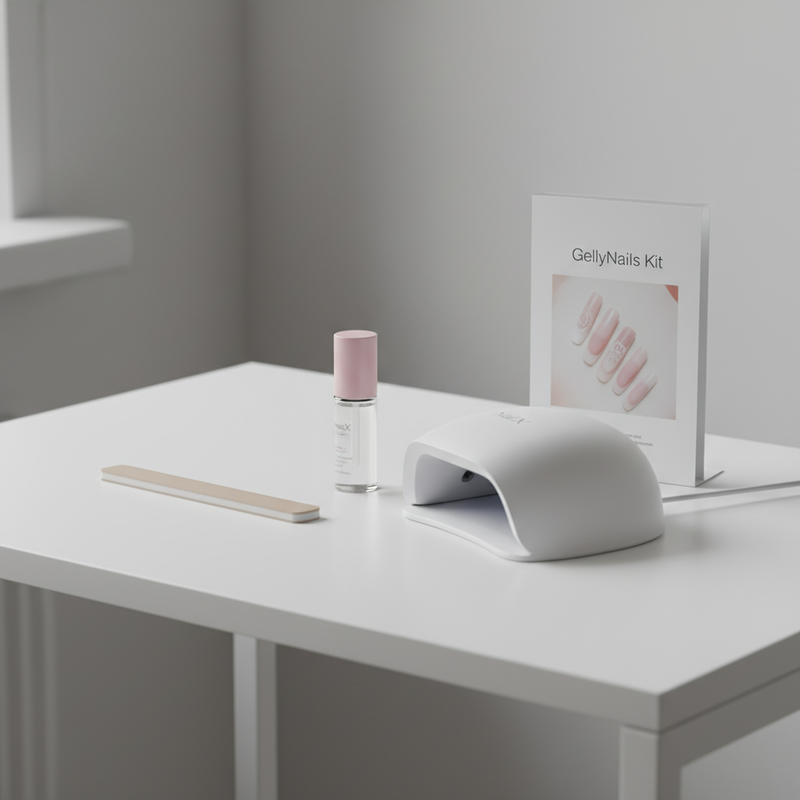 Minimalistische Nahaufnahme eines GellyNails NailX-Nagelpflege-Sets auf weißer Arbeitsfläche, thematisch passend zu Nägelkauen ADHS