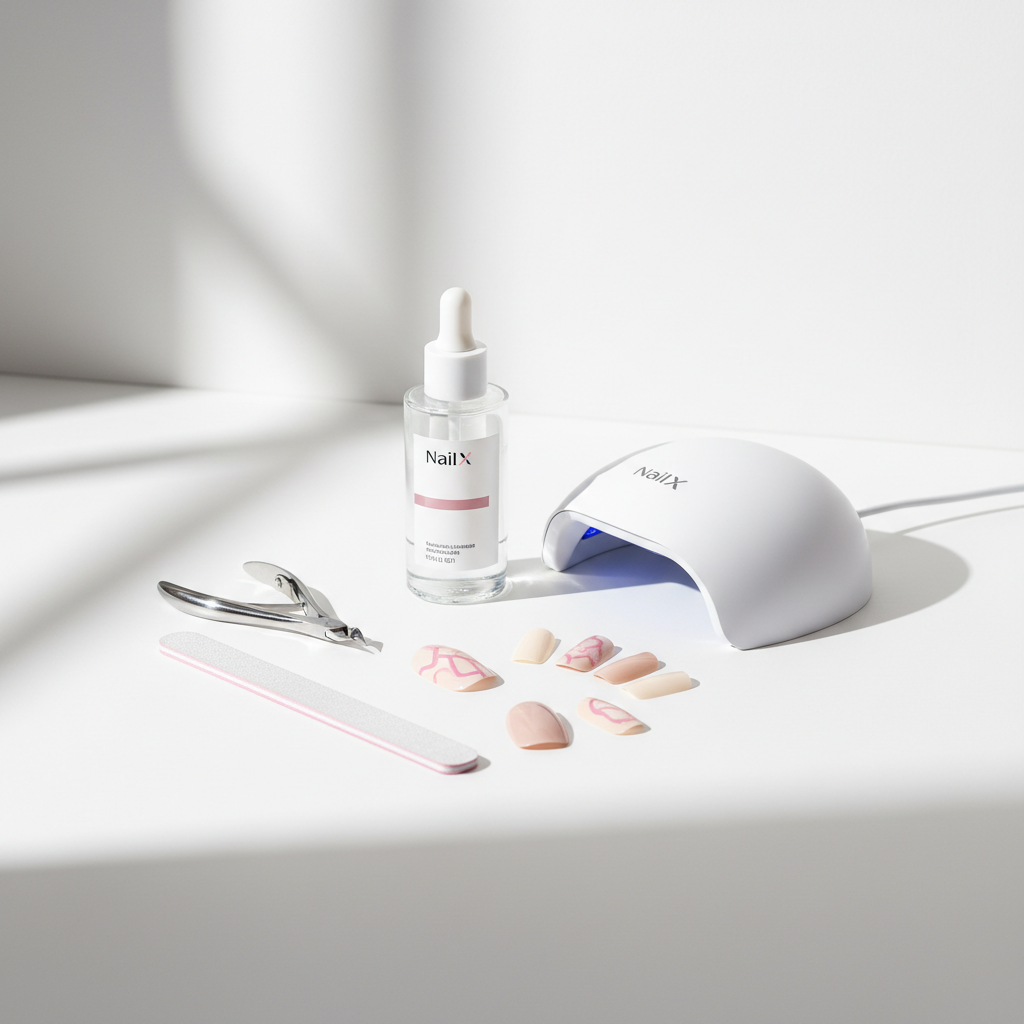 Minimalistische Vanity-Szene mit NailX-Nagelset, UV-Lampe und pastellfarbenen Press-on-Nägeln als ruhiges Visual für Nägelkauen bei Stress
