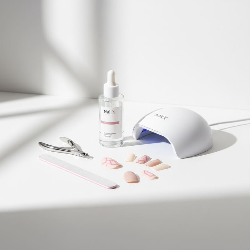 Minimalistische Vanity-Szene mit NailX-Nagelset, UV-Lampe und pastellfarbenen Press-on-Nägeln als ruhiges Visual für Nägelkauen bei Stress