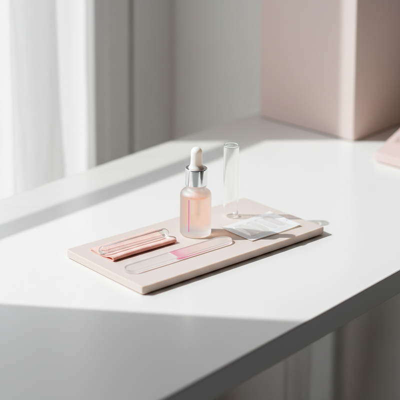 Minimalistische Nahaufnahme eines Vanity‑Tabletts mit Nagelpflegeset (Feile, Nagelhautöl, Schutzstreifen) zur Pflege und Prävention von Nägelkauen.