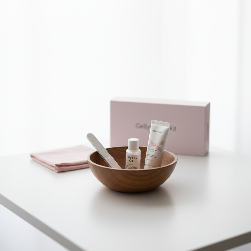 Minimalistische Nahaufnahme: Holzschale mit Nagelfeile, Cuticle Oil, Handcreme und dezentes GellyNails Kit auf weißem Tisch – Nägelkauen stoppen durch professionelle Nagelpflege.