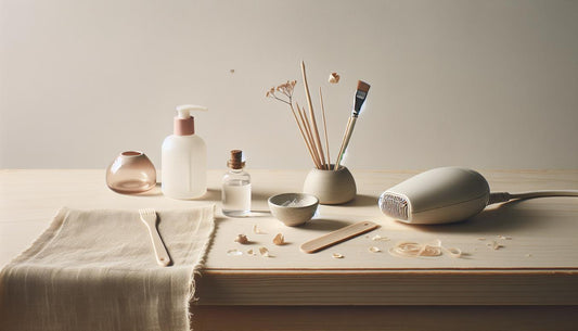 Nahaufnahme heller Arbeitsfläche mit getrocknetem Nagelkleber, Plastikspatel, Holzstäbchen, kleinem Ölfläschchen und verschwommenem Föhn – Nagelkleber entfernen