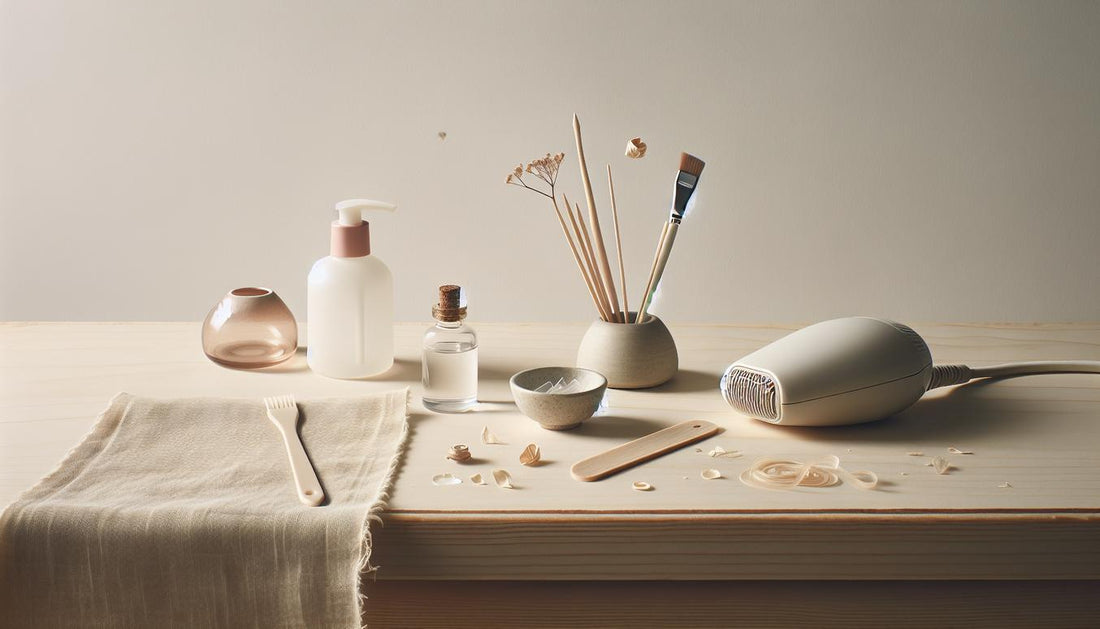 Nahaufnahme heller Arbeitsfläche mit getrocknetem Nagelkleber, Plastikspatel, Holzstäbchen, kleinem Ölfläschchen und verschwommenem Föhn – Nagelkleber entfernen