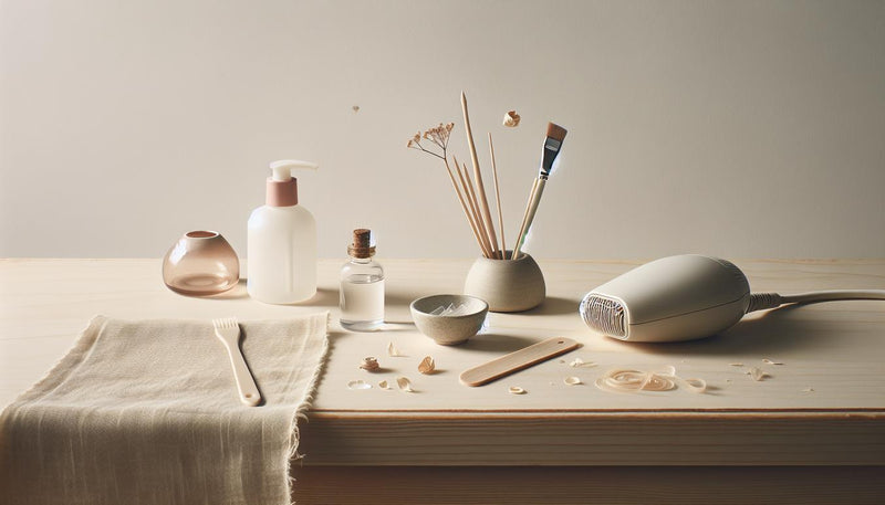 Nahaufnahme heller Arbeitsfläche mit getrocknetem Nagelkleber, Plastikspatel, Holzstäbchen, kleinem Ölfläschchen und verschwommenem Föhn – Nagelkleber entfernen