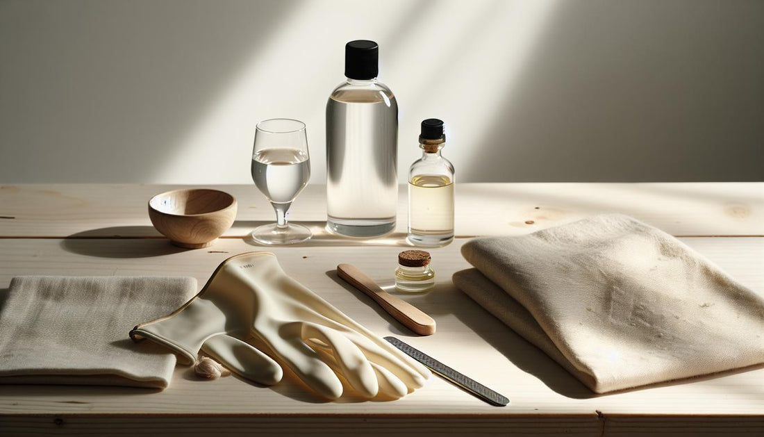 Helle Nahaufnahme eines Holztisches mit Handschuhen, Isopropylfläschchen, Glas mit Olivenöl, weichem Leinentuch, feiner Nagelfeile und sichtbaren Kleberflecken – nagelkleber entfernen