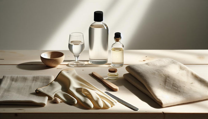 Helle Nahaufnahme eines Holztisches mit Handschuhen, Isopropylfläschchen, Glas mit Olivenöl, weichem Leinentuch, feiner Nagelfeile und sichtbaren Kleberflecken – nagelkleber entfernen