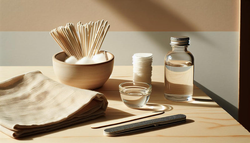 Minimalistische Nahaufnahme von Maniküre-Tools auf hellem Holz mit Wattepads, Aceton, Alufolie, Stäbchen, Feile und Schale mit Öl – Nagelkleber entfernen