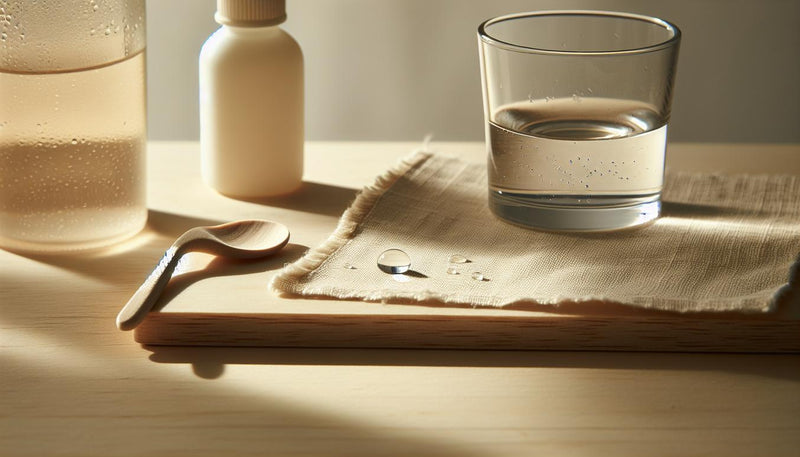 Nahaufnahme auf heller Holzfläche: verschütteter Tropfen klarer Nagelkleber auf Leinenstoff, Plastiklöffel, Glas mit lauwarmem Wasser, Nagelöl und Wattestäbchen – Nagelkleber entfernen