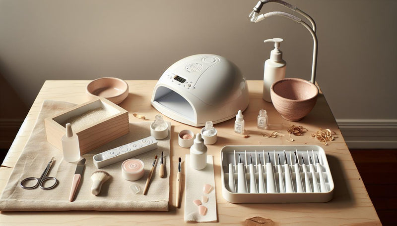 Minimalistischer DIY-Nagelarbeitsplatz mit offener, schriftloser GellyNails-Verpackung, UV-Lampe, vorgeformten Tips, Dehydrator und geöffneter Nagelkleber-Flasche nagelkleber Rossmann