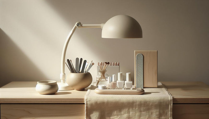 Nahaufnahme aufgeräumter Schminktisch mit Nagel-Tools: Feile, Dehydrator-Fläschchen, Soft-Gel-Tips, geschlossene Packung Nagelkleber Rossmann und UV-LED-Lampe in minimalistischer Ästhetik.