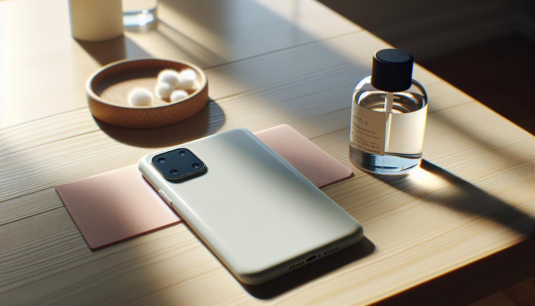 Nahaufnahme glänzender Kunststoff‑Hülle auf hellem Birkenholz mit Kunststoffkarte, Wattepad und unlackierter Isopropyl‑Flasche, minimalistisch arrangiert – Nagelkleber von Plastik