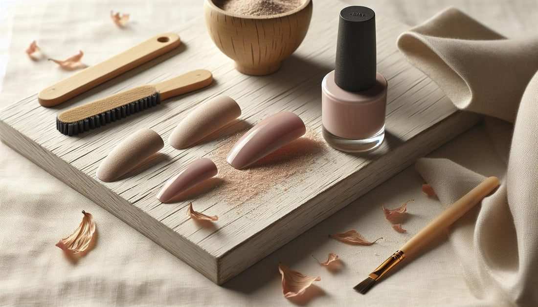 Nahaufnahme: nagellack auf gelnägel neben geöffnetem Fläschchen auf hellem Birkenholz, matte Oberfläche, feiner Buffer und dezentes pinkes Blütenblatt