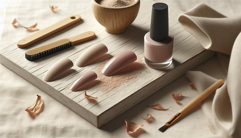Nahaufnahme: nagellack auf gelnägel neben geöffnetem Fläschchen auf hellem Birkenholz, matte Oberfläche, feiner Buffer und dezentes pinkes Blütenblatt