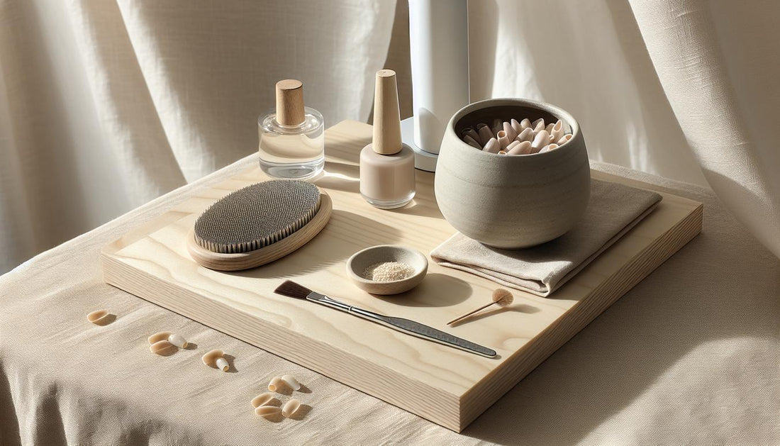 Minimalistische Nahaufnahme eines sauberen Nageltischs mit Polygel-Nagel-Tips auf Keramik, Dehydrator, feinem Buffer, Pipette mit Base und LED-Lampe – Nagellack auf Polygel.