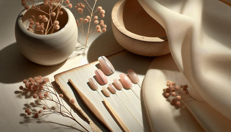 Mehrere kurze Press-on-Nägel in transluzentem milchigem Rosé mit feiner vertikaler Silberlinie auf hellem Birkenholz- und Leinenhintergrund, hochglänzend – nagellack für kurze nägel