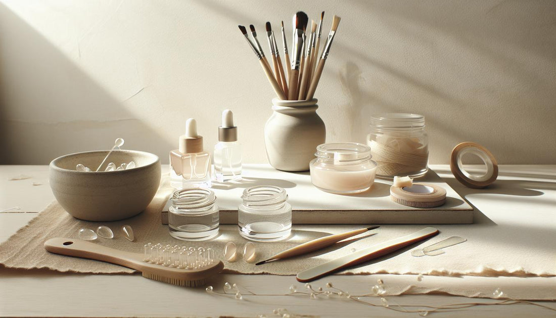 Nahaufnahme einer aufgeräumten Nagelarbeitsfläche mit klaren Jelly- und Nude-Gelen, feiner Goldline-Strip, Pinsel und Nagelfeile auf hellem Holz – nagellack für kurze nägel