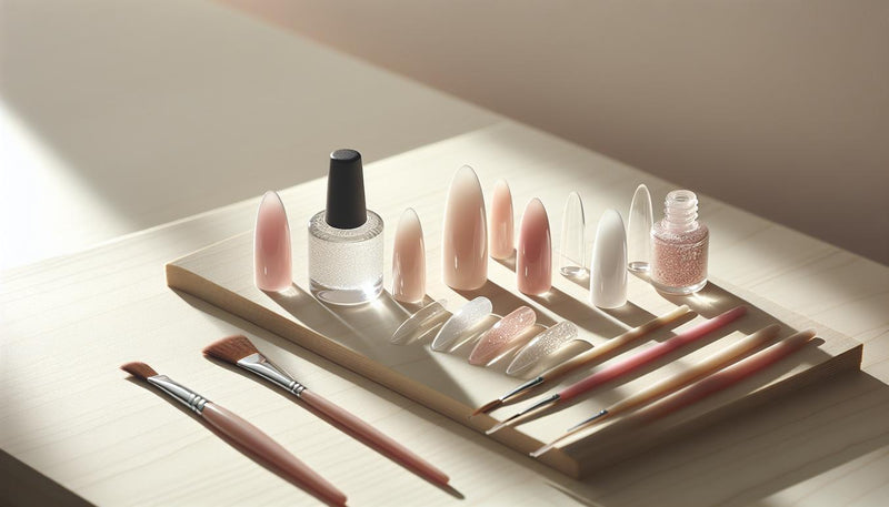 Nahaufnahme kurzer, lackierter Nageltips in Sheer Pink, Peachy Nude, Milky White und Glitter-Gradient auf hellem Holz – Styling-Idee für Nagellack für kurze Nägel.