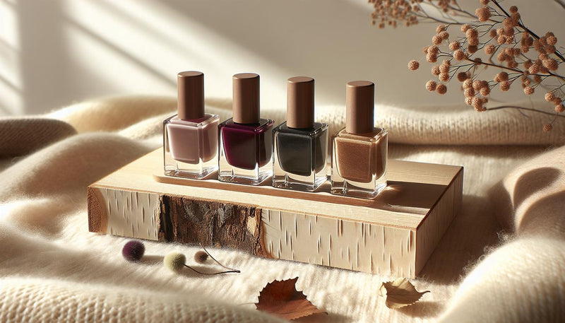 Herbstliche Nahaufnahme von Nagellackfläschchen (Burgunder, Pflaume, Moosgrün, Senf) auf Wolltextur und Birkenholz, dezente NailX-Akzente, nagellack herbst 2024