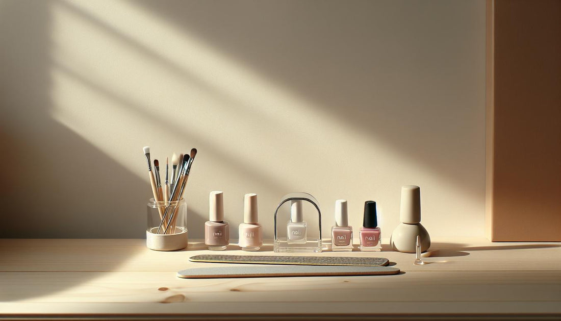 Minimalistisches Maniküre-Setup auf hellem Birkenholz mit Pastell-Nagellackfläschchen, offener neutraler Starter-Verpackung, UV-Lampe, Nagelfeile und Wattepads