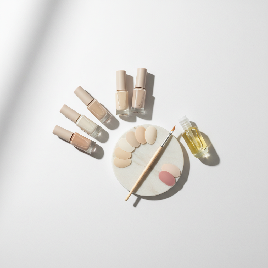 Minimalistisches Stillleben mit Nagellackfläschchen in Creme- und Pastelltönen, Marmorteller mit Swatches und halbtransparenter Nagelhautöl-Flasche – Nagellack Trends 2025