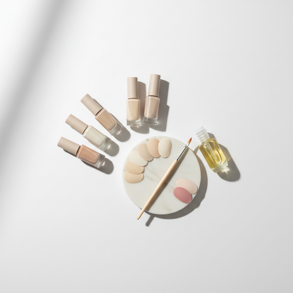 Minimalistisches Stillleben mit Nagellackfläschchen in Creme- und Pastelltönen, Marmorteller mit Swatches und halbtransparenter Nagelhautöl-Flasche – Nagellack Trends 2025