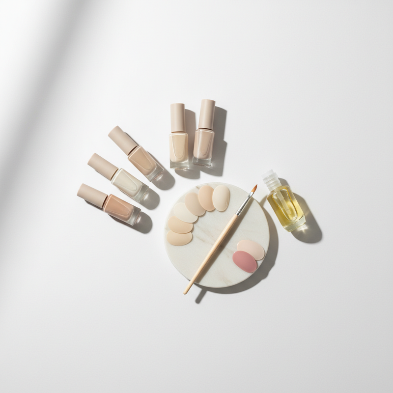 Minimalistisches Stillleben mit Nagellackfläschchen in Creme- und Pastelltönen, Marmorteller mit Swatches und halbtransparenter Nagelhautöl-Flasche – Nagellack Trends 2025