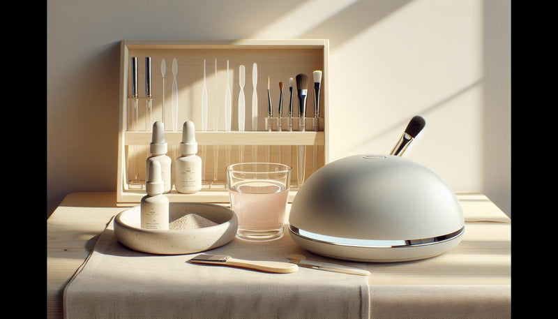 Hell-minimalistisches Stillleben eines Maniküre-Arbeitsplatzes mit geöffnetem Gel‑Starter‑Kit, UV‑Lampe, Pinsel und Alkoholtuch auf hellem Holz — nagellack über gelnägel