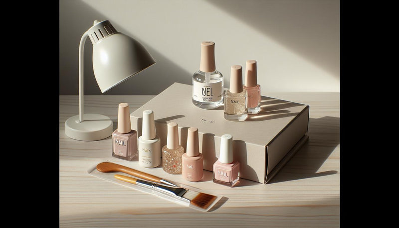 Flatlay einer minimalistischen Nail‑Station auf hellem Holztisch mit Starter‑Kit‑Box, UV‑LED‑Lampe, Gel‑Polish‑Fläschchen, Nagelfeile und Cuticle Oil; nagellack unter gel als dezenter pinker Akzent.