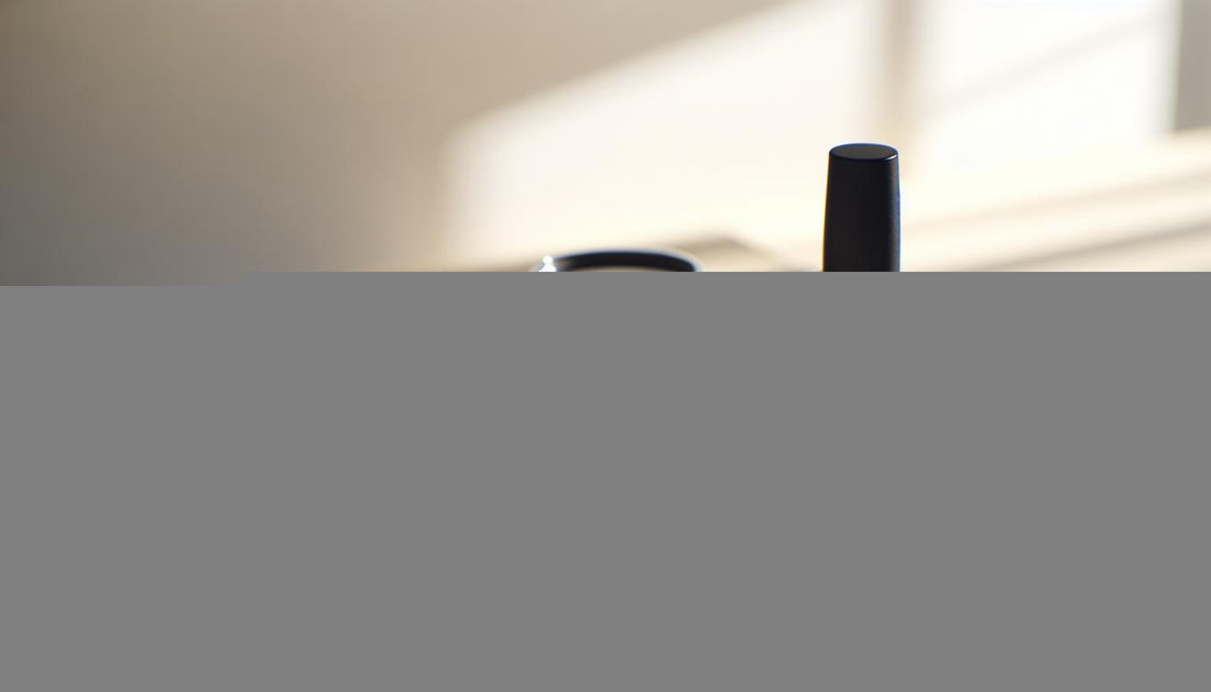 Nahaufnahme einer aufgeräumten Nagelarbeitsfläche mit Pinsel, feinem Buffer, unlackiertem Fläschchen, geöffneten Gel-Tuben und LED-Lampe im Hintergrund — nagellack unter gel sichtbar.