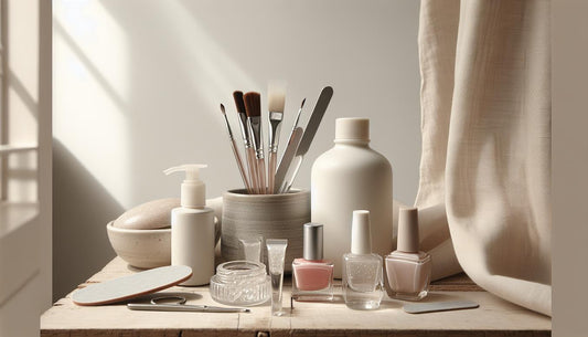Minimalistische Nahaufnahme von Base- & Top-Gel, Farblack-Fläschchen, Feile und Dehydrator auf hellem Birkenholz mit dezenten Pink- und Schwarz-Akzenten – nagellacke für uv lampe