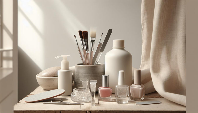 Minimalistische Nahaufnahme von Base- & Top-Gel, Farblack-Fläschchen, Feile und Dehydrator auf hellem Birkenholz mit dezenten Pink- und Schwarz-Akzenten – nagellacke für uv lampe