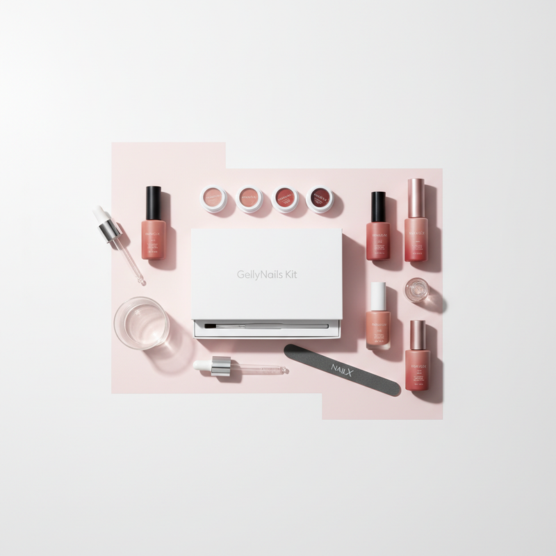 Flatlay mit Nagellackfläschchen in Nude-, Rosé- und Beerentönen, GellyNails Kit und Nagelöl auf weißer Oberfläche – Nagellackfarbe für Frauen ab 50