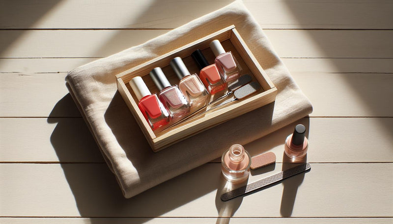 Nahaufnahme von fünf Nagellack-Swatchstreifen in warmen Braun-, Brombeer-, Oliv-, Creme- und Bronzetönen auf hellem Holz mit Herbstblättern – nagellack herbst 2024