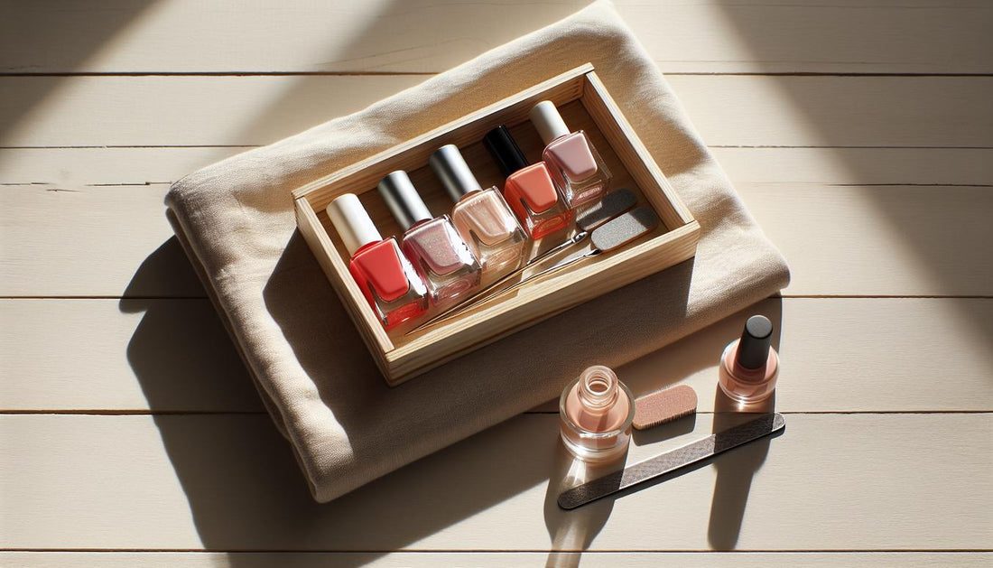 Minimalistische Nahaufnahme: geordnete Rosé- und Nude-Flaschen, glänzender Topcoat, Mini-UV-Lampe und Pinsel auf heller Leinenfläche — nagellack im Gelnägel-Look