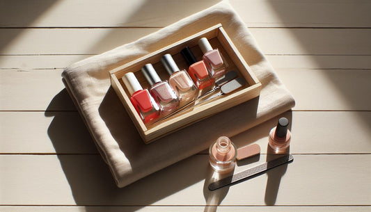 Minimalistische Nahaufnahme: geordnete Rosé- und Nude-Flaschen, glänzender Topcoat, Mini-UV-Lampe und Pinsel auf heller Leinenfläche — nagellack im Gelnägel-Look