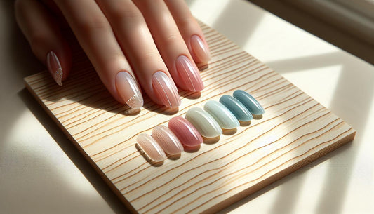 Minimalistisches Flatlay mit Nagelhärter-Fläschchen, feiner Feile, schwarzer Pinzette und Cuticle-Oil auf hellem mattem Naturstein, dezente pinke Akzente.
