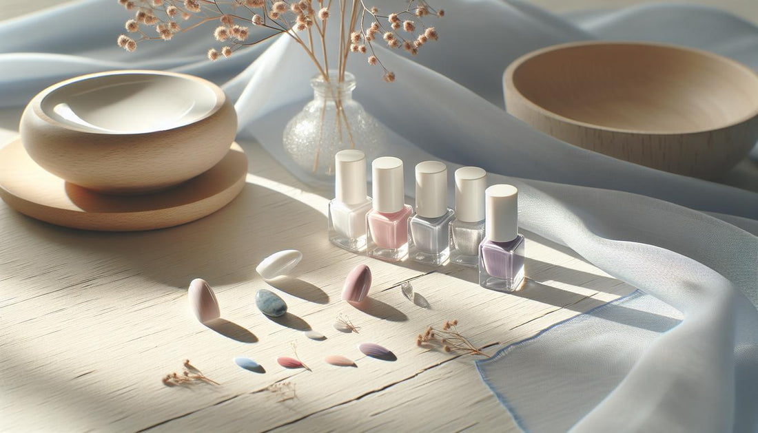 Fünf kurze Press-on-Nägel in kühlen Tönen (Soft Pink, Cotton Candy, Royal Amethyst, Day Dreaming, Ocean Depth) auf hellem Birkenholz – Nagellackfarbe Sommertyp