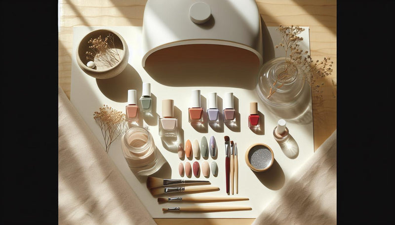 Flatlay mit Nagellackfläschchen, Nageltips in Terracotta, Lavendel, Neon‑Grün, Rot und Chrome‑Puder, feine Pinsel und LED‑UV‑Lampe auf hellem Holz — nagellackfarben 2024
