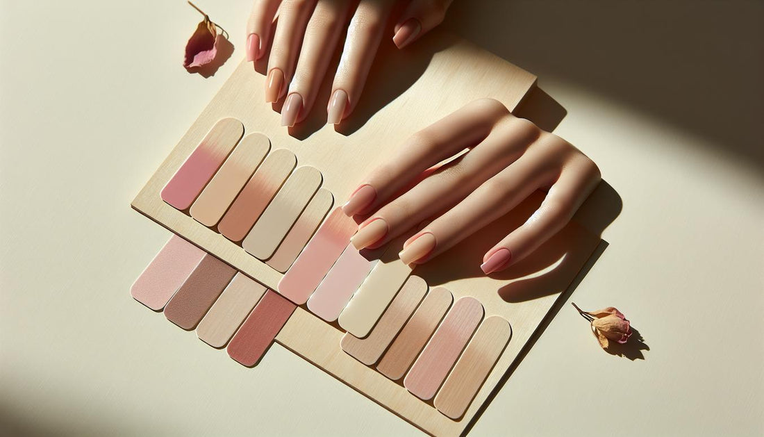 Sheere Pfirsich- und Rosé-Nagelproben auf hellem Holz mit unterschiedlichen Hautton-Karten, dezenter Sommer-Vibe und natürliches Licht — nagellackfarben die älter machen