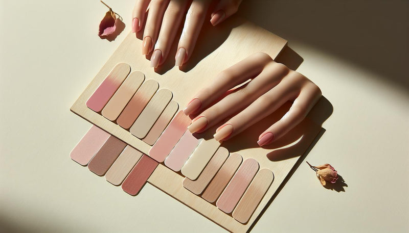 Sheere Pfirsich- und Rosé-Nagelproben auf hellem Holz mit unterschiedlichen Hautton-Karten, dezenter Sommer-Vibe und natürliches Licht — nagellackfarben die älter machen
